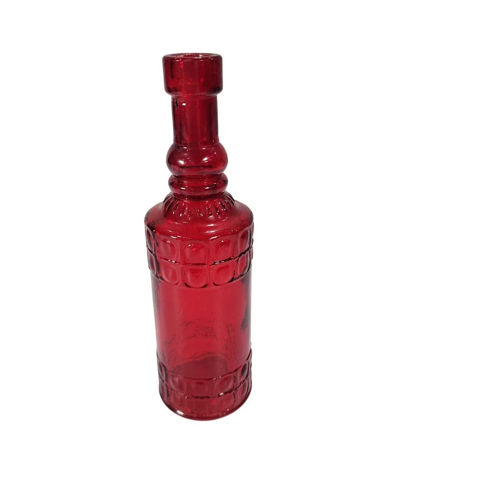 Vintage Red Glass Decorative Bottle Embossed Ruby Bud Vase Mid Century Style